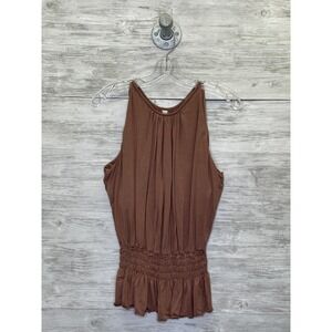 SheBird Tank Top Womens 10 Brown Pleated Smocked Ruffle Hem Tunic Built In Bra